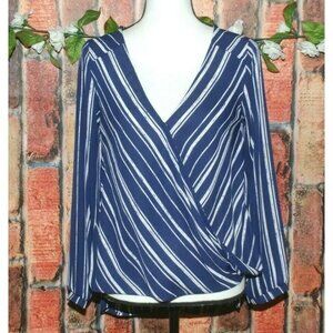 LUSH Ladies Blouse Top Size S Navy Blue White Wrap Look Long Sleeve Striped